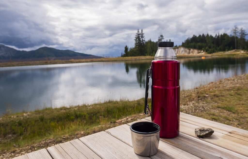 jug, thermos, hot, coffee cup, cold, drink, tea cup, coffee, tea, vessel, cup, table, lake, hike, nature, mountains, landscape